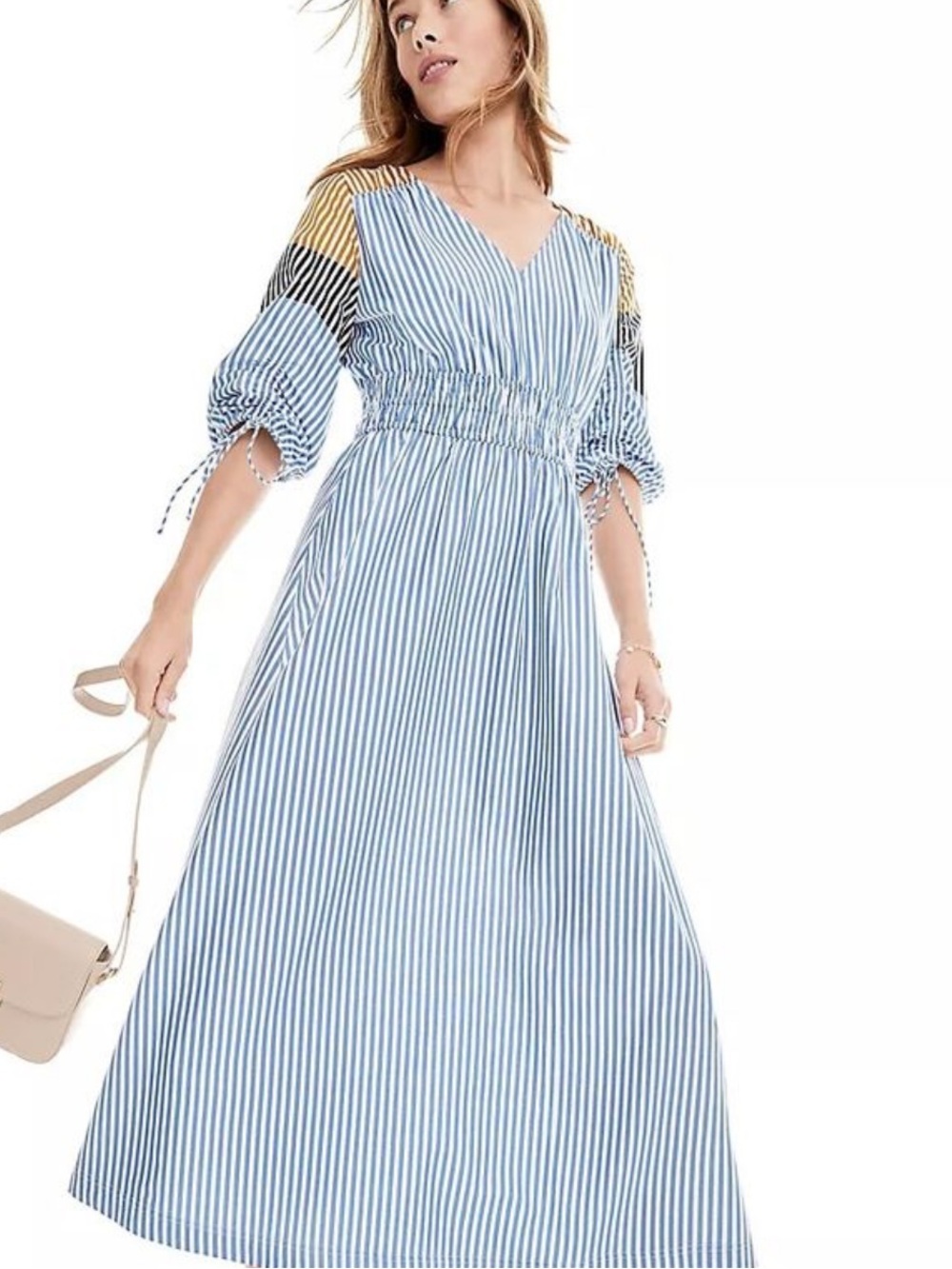 LOFT Blue and White Striped Maxi Dress with Colorblock Shoulders